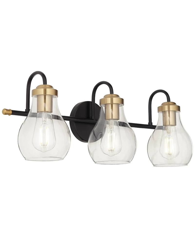 Possini Euro Design Brade Industrial Modern Wall Light Black Gold Hardwired 22.75" 3-Light Fixture Clear Glass Shades for Bedroom Bathroom Vanity Read