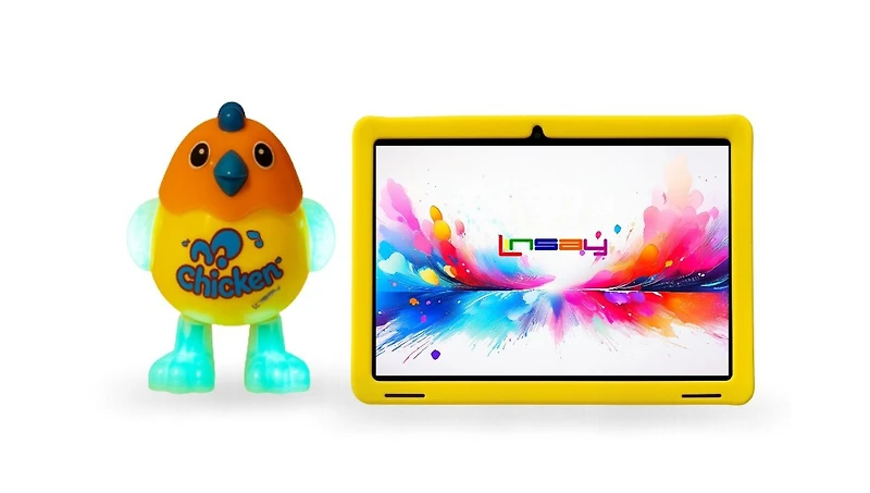 Linsay New 10.1" Funny Kids Tablet Octa Core 128GB Bundle with Yellow Kids Defender Case and Smart Chicken Toy Newest Android 13