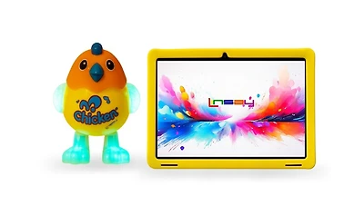Linsay New 10.1" Funny Kids Tablet Octa Core 128GB Bundle with Yellow Kids Defender Case and Smart Chicken Toy Newest Android 13