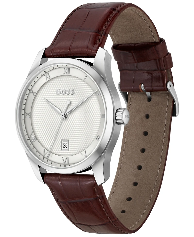 Hugo Boss Men's Principle Quartz Basic Calendar Brown Leather Watch 41mm