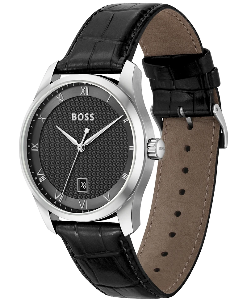 Hugo Boss Men's Principle Quartz Basic Calendar Black Leather Watch 41mm