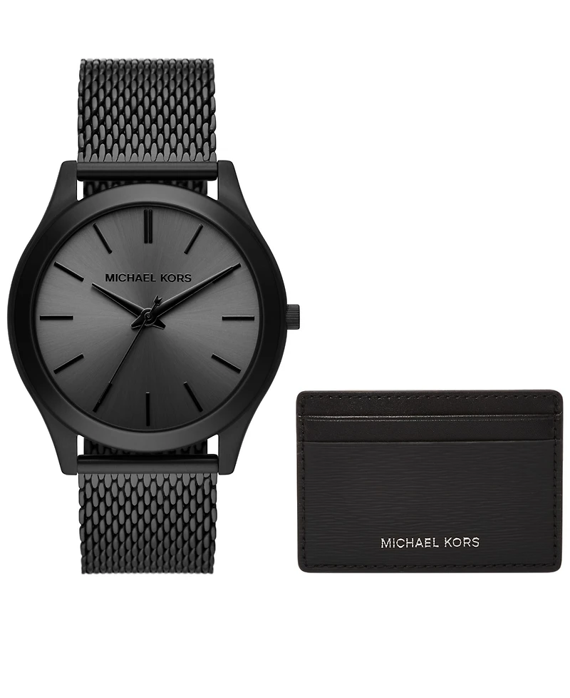 Michael Kors Men's Runway Three-Hand Black Stainless Steel Mesh Watch 44mm and Wallet Gift Set
