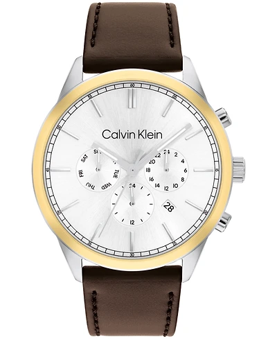 Calvin Klein Men's Multi-Function Brown Leather Strap Watch 44mm