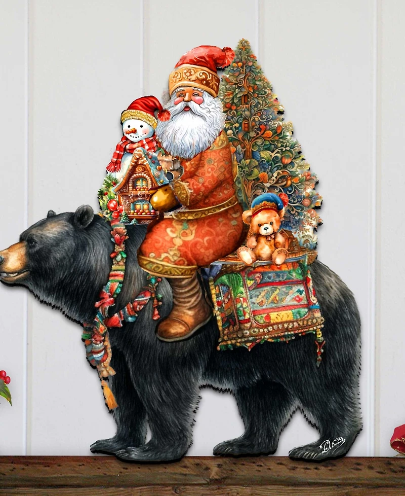 Designocracy Santa Claus and Black Bear Christmas Door Decor Wooden Wall Decor G. DeBrekht