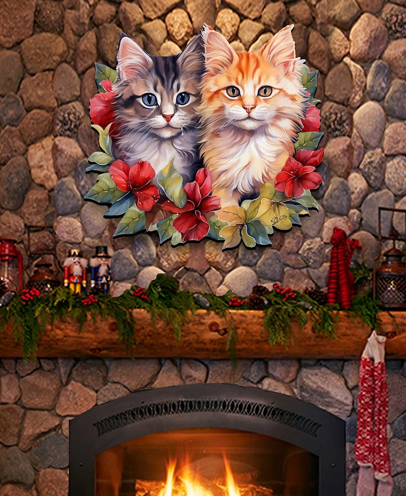 Designocracy Cute Kittens Christmas Wooden Door Hanger Door Decor G. DeBrekht