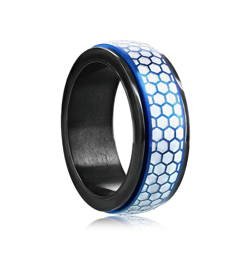 Stainless Steel Honey Comb Design Spinner Ring - Blue & Silver