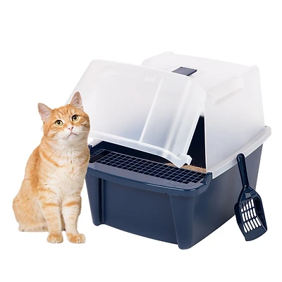 Iris Large Split-Hood Cat Litter Box with Scoop and Grate, Blue