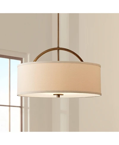 Possini Euro Design Brushed Bronze Drum Pendant Chandelier 20" Wide Modern Sand Stone Linen Shade Fixture for Dining Room House