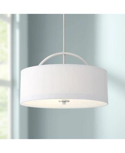 Possini Euro Design Brushed Nickel Drum Pendant Chandelier 20" Wide Modern White Linen Shade Fixture for Dining Room House Kitchen