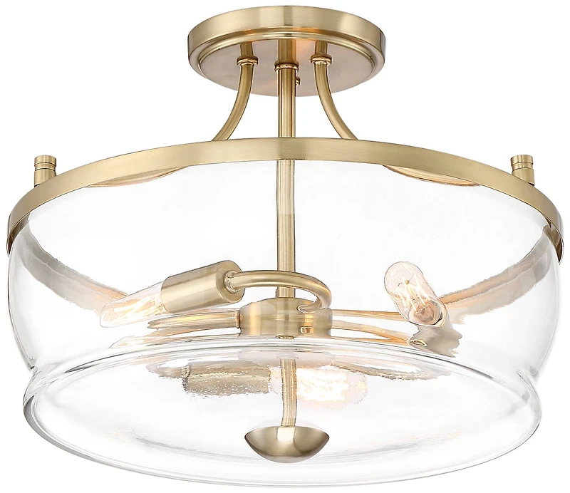 Possini Euro Design Alia Modern Industrial Ceiling Light Semi Flush Mount Fixture 14" Wide 3-Light Warm Brass Gold Clear Glass Shade for Bedroom Hallw
