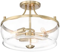 Possini Euro Design Alia Modern Industrial Ceiling Light Semi Flush Mount Fixture 14" Wide 3-Light Warm Brass Gold Clear Glass Shade for Bedroom Hallw