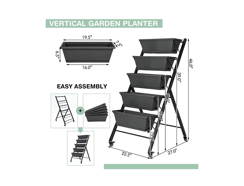 5-Tier Vertical Raised Garden Bed with Wheels and Container Boxes