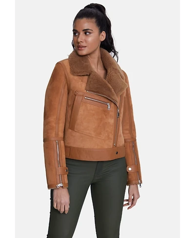 Furniq Uk Women's Elegant Suede Jacket, Suede Brick With Camel Curly Wool