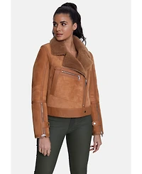 Furniq Uk Women's Elegant Suede Jacket, Suede Brick With Camel Curly Wool