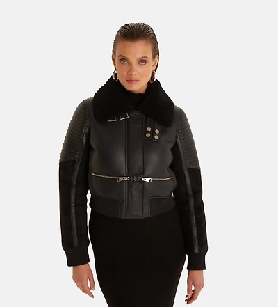 Furniq Uk Women's Fashion Jacket, Silky Black With Black Curly Wool