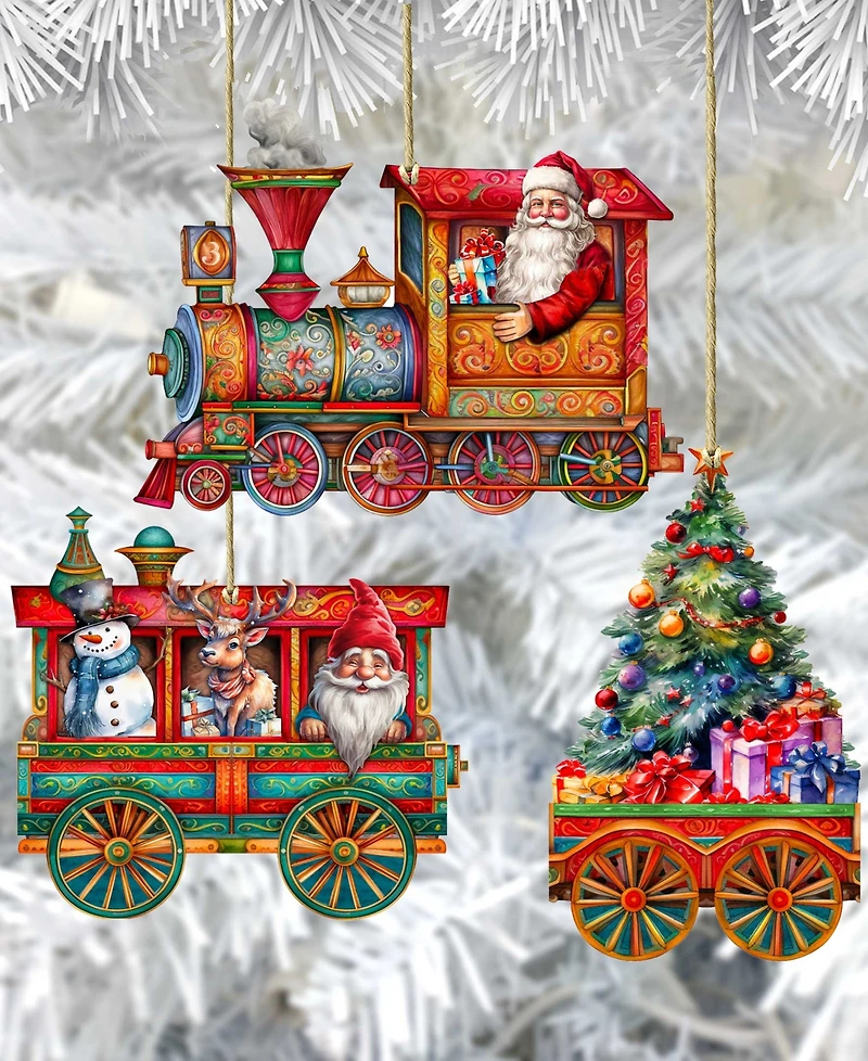 Designocracy Santa's Train Christmas Wooden Ornaments Holiday Decor Set of 3 G. DeBrekht