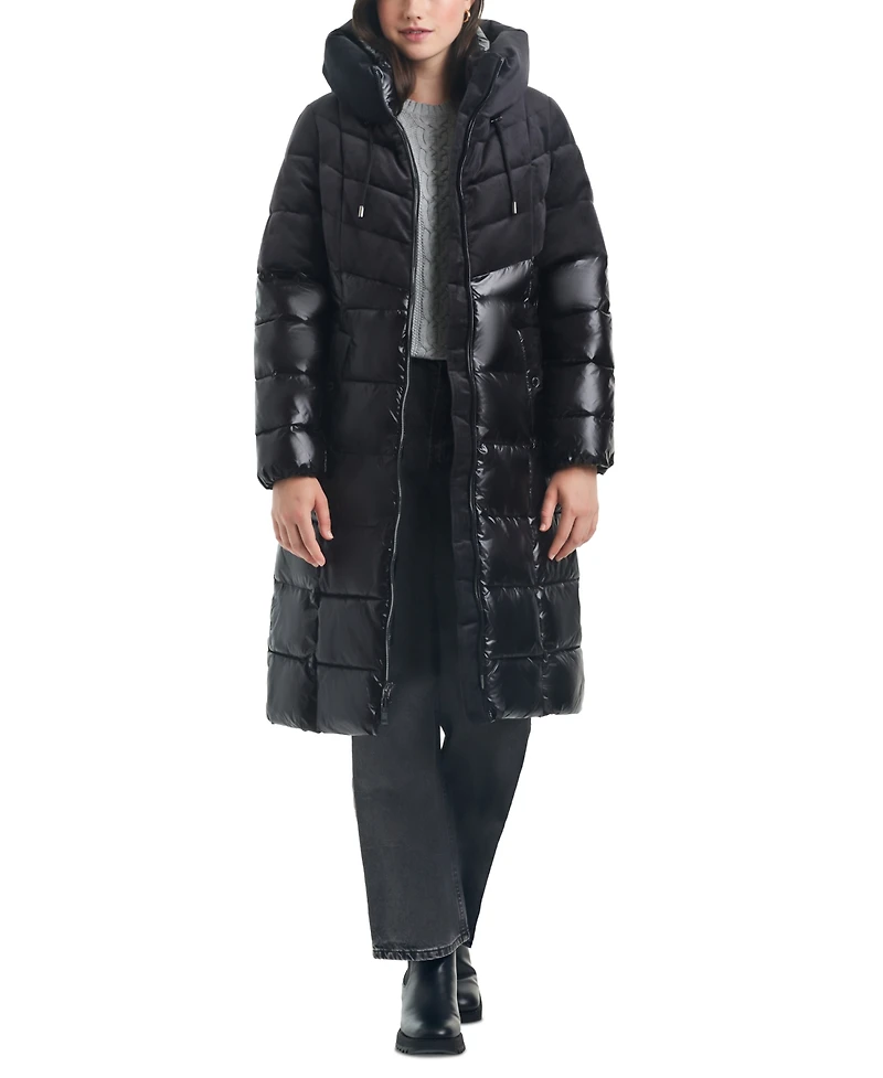 Vince Camuto Women's Velvet Mix Belted Hooded Puffer Coat