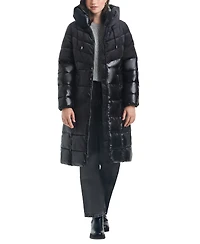 Vince Camuto Women's Velvet Mix Belted Hooded Puffer Coat