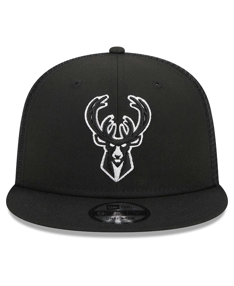 Men's New Era Black Milwaukee Bucks Evergreen 9FIFTY Trucker Snapback Hat