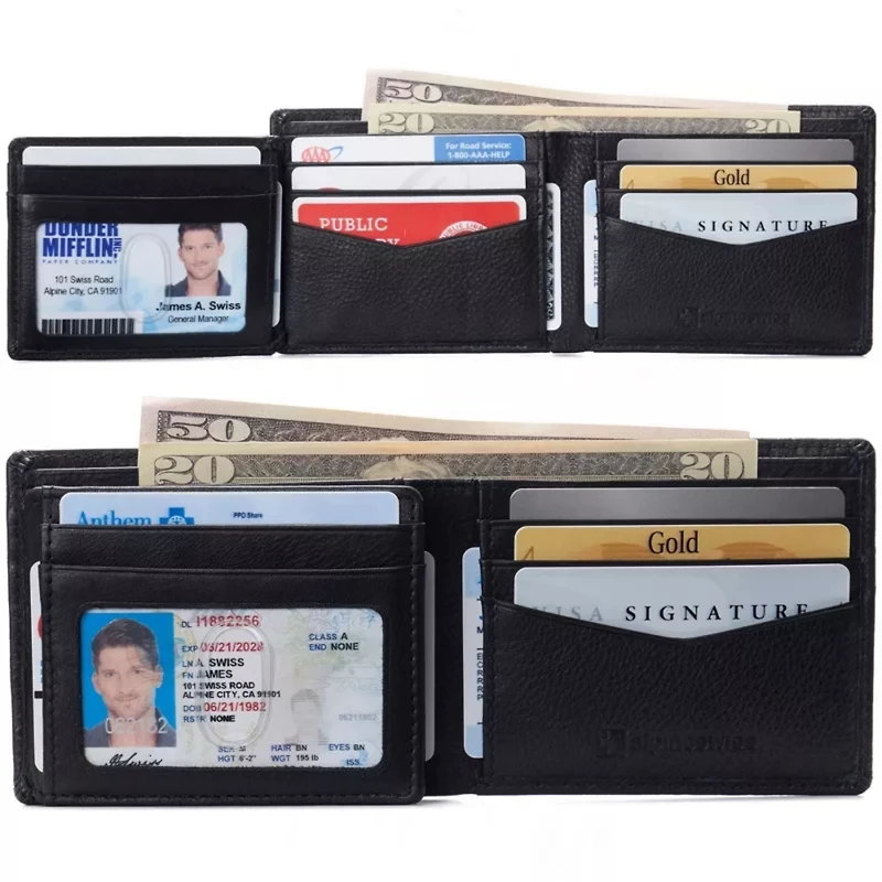 Alpine Swiss Men's Leather Rfid Bifold Wallet 2 Id Windows Divided Bill Section