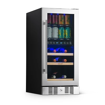 Newair 15" Premium Built-in Dual Zone 9 Bottle and 48 Can Wine and Beverage Fridge in Stainless Steel with SplitShelf