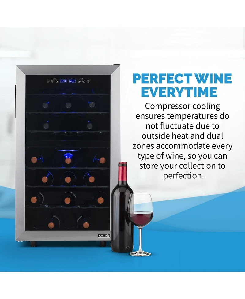 Newair Freestanding 43 Bottle Dual Zone Compressor Wine Fridge in Stainless Steel, Adjustable Racks and Exterior Digital Thermostat