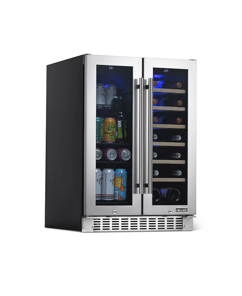 Newair 24 Inch Premium Built-in Dual Zone 20 Bottle and 60 Can French Door Wine and Beverage Fridge in Stainless Steel with SplitShelf and Beech Wood