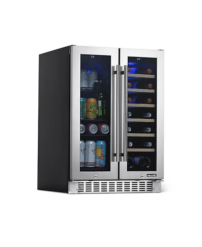 Newair 24 Inch Premium Built-in Dual Zone 20 Bottle and 60 Can French Door Wine and Beverage Fridge in Stainless Steel with SplitShelf and Beech Wood