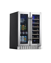 Newair 24 Inch Premium Built-in Dual Zone 20 Bottle and 60 Can French Door Wine and Beverage Fridge in Stainless Steel with SplitShelf and Beech Wood