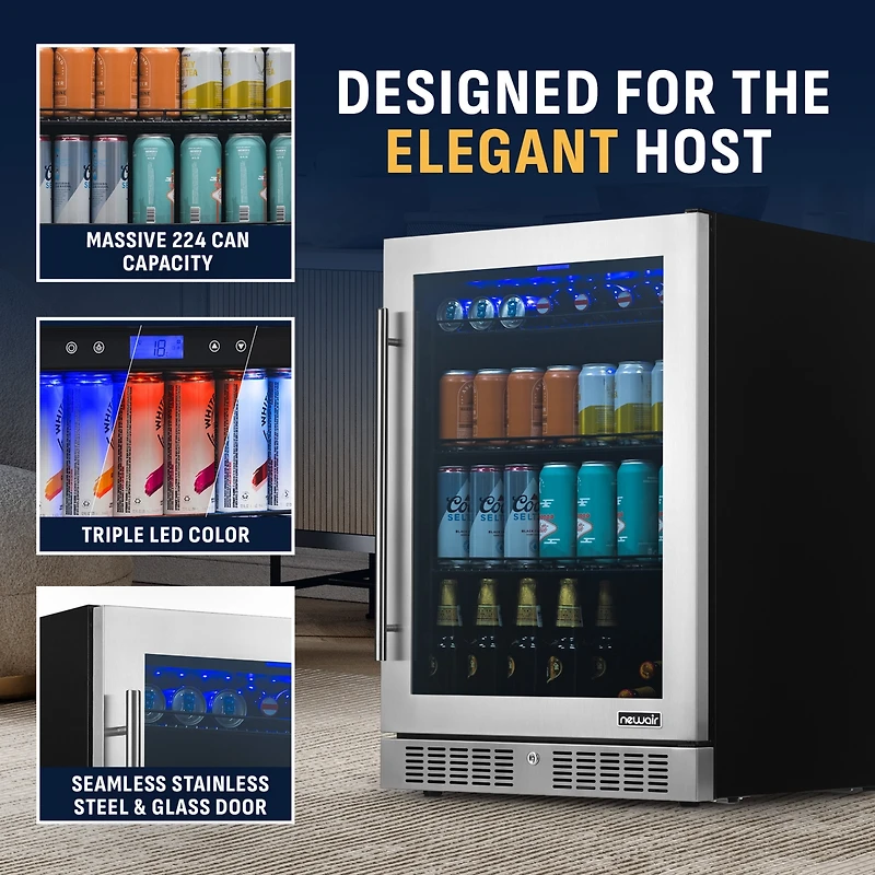 Newair 24" Built-in Premium 224 Can Beverage Fridge with Color Changing Led Lights, Seamless Stainless Steel Door and Precision Temperature Contr