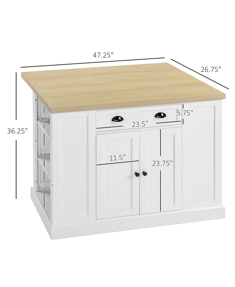 Homcom 47" Fluted-Style Wooden Kitchen Island, Kitchen Countertop Storage Cabinet with Drop Leaf, Drawer, Open Shelves, Storage, White