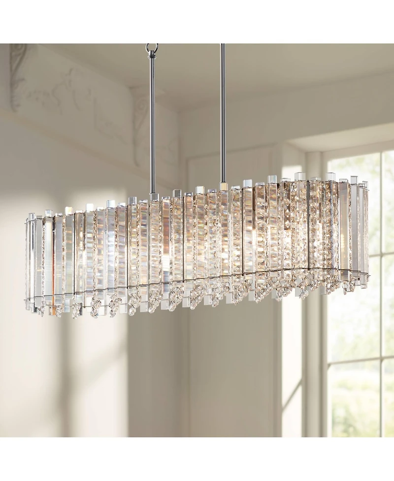 Possini Euro Design Mirabell Chrome Linear Island Pendant Chandelier 34" Wide Modern Led Clear Glass Crystal 6-Light Fixture for Dining Room Kitc