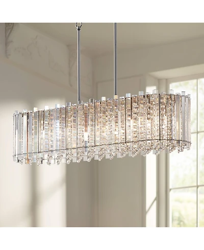 Possini Euro Design Mirabell Chrome Linear Island Pendant Chandelier 34" Wide Modern Led Clear Glass Crystal 6-Light Fixture for Dining Room Kitc