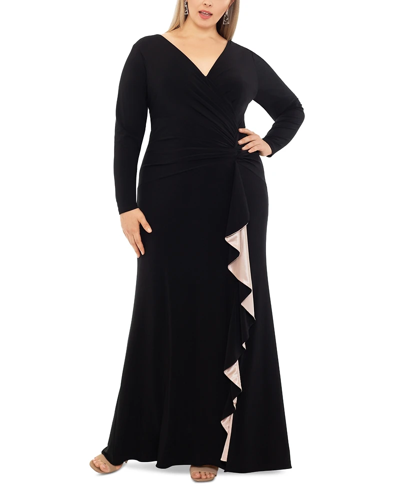 Xscape Plus Size V-Neck Twist-Front Side-Ruffle Gown