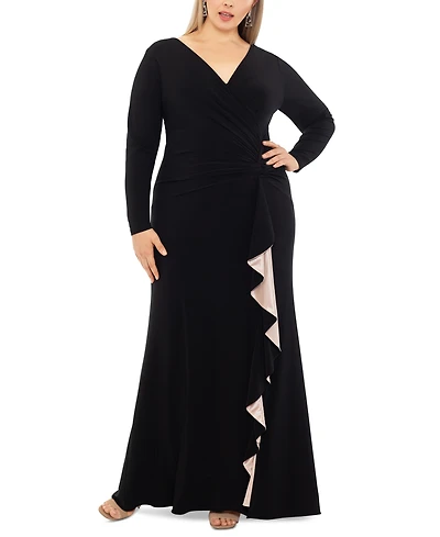 Xscape Plus Size V-Neck Twist-Front Side-Ruffle Gown