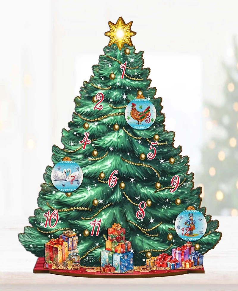 Designocracy 12 Days Themed Wooden Christmas Tree with Ornaments Set of 19 G. DeBrekht