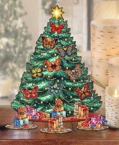 Designocracy Butterfly Themed Wooden Christmas Tree with Ornaments Set of 13 G. DeBrekht