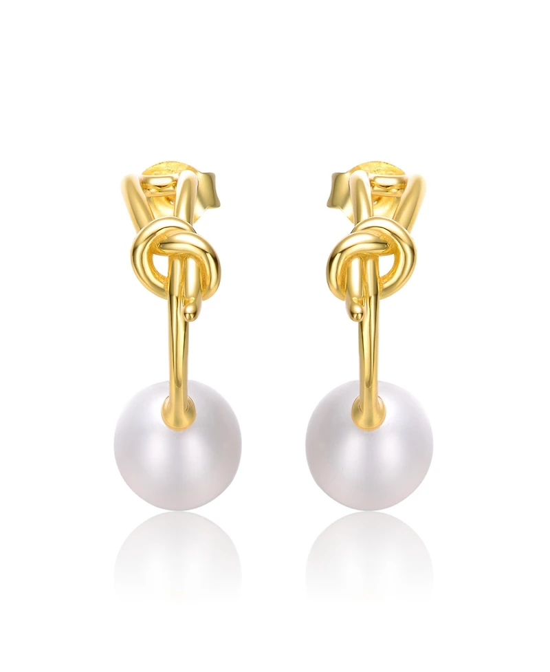 Sterling Silver 14k Yellow Gold Plated with White Freshwater Pearl Love Knot Half-Hoop Earrings