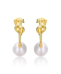 Sterling Silver 14k Yellow Gold Plated with White Freshwater Pearl Love Knot Half-Hoop Earrings