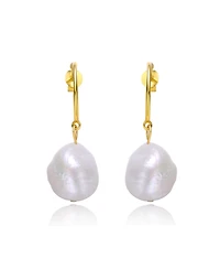 Sterling Silver 14k Yellow Gold Plated with Baroque Oval White Freshwater Pearl Dangle Drop C-Hoop Earrings