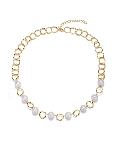 Sterling Silver 14K Gold Plated Genuine Freshwater Pearl and Cubic Zirconia Link Oval Spring Ring Adjustable Necklace