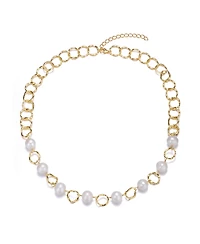 Sterling Silver 14K Gold Plated Genuine Freshwater Pearl and Cubic Zirconia Link Oval Spring Ring Adjustable Necklace