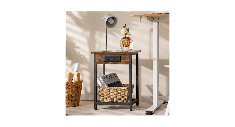 2 Pieces Bedside Nightstand Set with Open Shelf and Charging Station