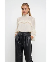 English Factory Women's Swiss Dot Chiffon Ruffle Blouse