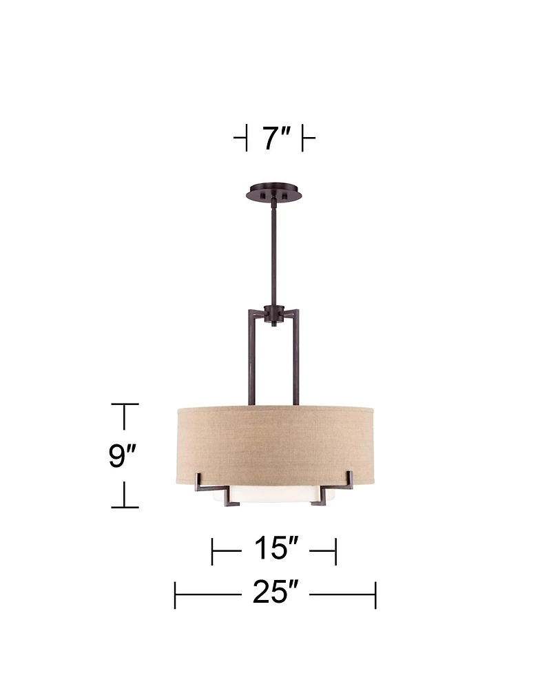 Concentric Bronze Pendant Chandelier Lighting 25" Wide Farmhouse Rustic White Glass Burlap Drum Shade 4-Light Fixture for Dining Room Living House Hom