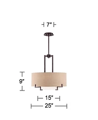 Concentric Bronze Pendant Chandelier Lighting 25" Wide Farmhouse Rustic White Glass Burlap Drum Shade 4-Light Fixture for Dining Room Living House Hom