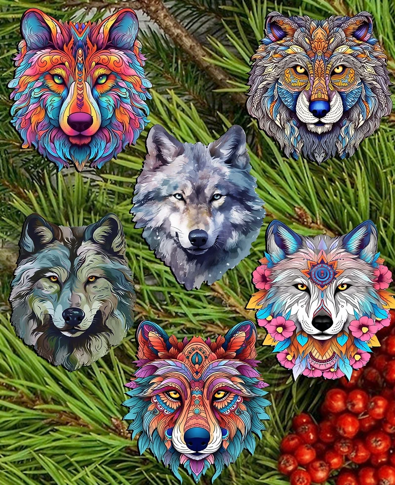 Designocracy Holiday Wooden Clip-On Ornaments Enigmatic Wolves Set of 6 G. DeBrekht