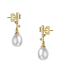Sterling Silver 14k Yellow Gold Plated with White Freshwater Pearl Linear Stick Earrings