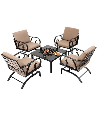 5pcs Patio Rocking Chairs 4-in-1 Fire Pit Table Heavy-Duty Conversation Outdoor