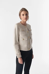Furniq Uk Women's Collarless Stunning Studs Closure Leather Jacket